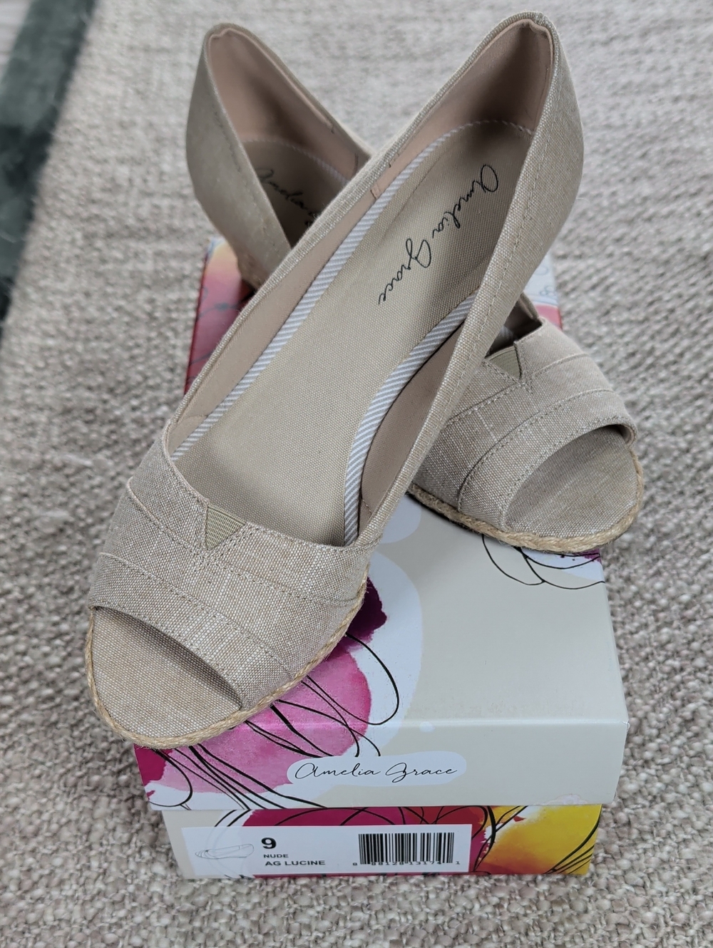 Amelia Grace Beige Canvas Peep-Toe Wedge
